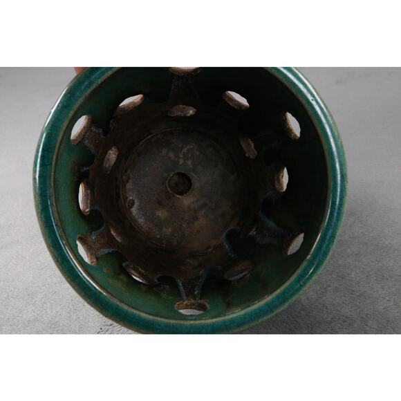 Vintage Handmade Ceramic Orchid Planter Pot w/ Drain Holes & Saucer Green Brown - Picture 7 of 8